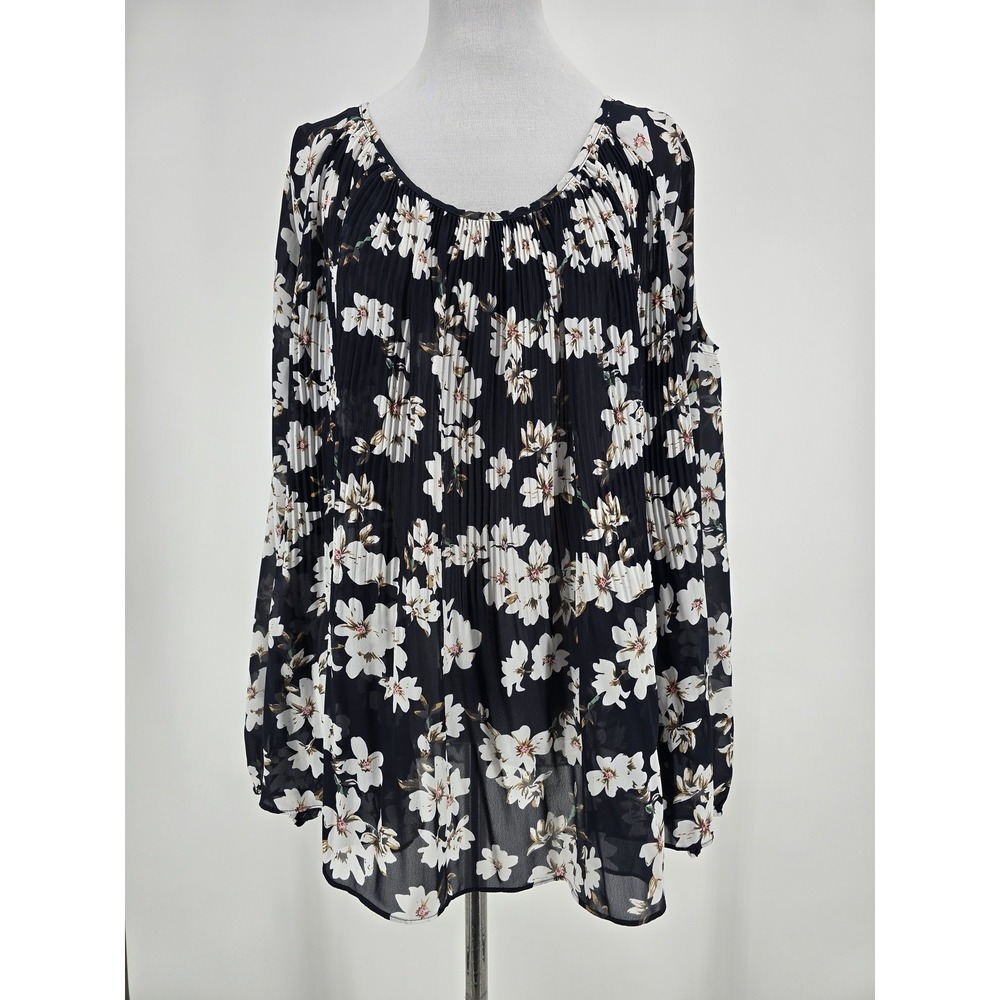 Metric Women Navy Blue White Floral Cold Shoulder Pleated Chiffon Blouse Large